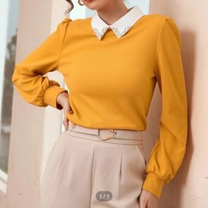 Yellow & White Pearl Collar Puff Sleeve Blouse